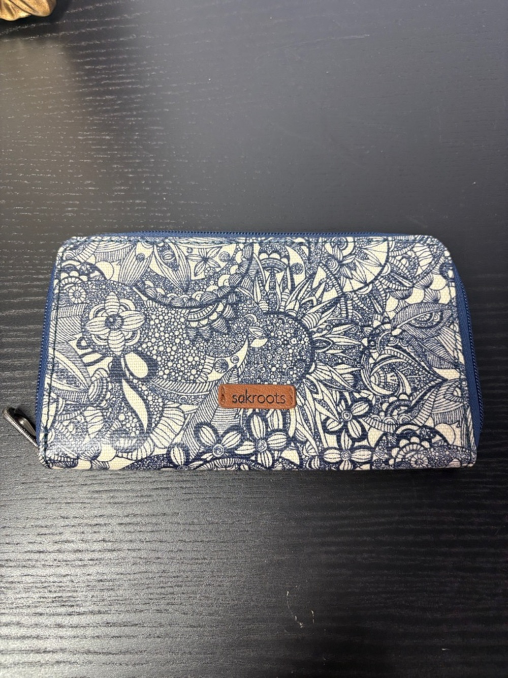 Sakroots Navy and Cream Floral Zip Wallet